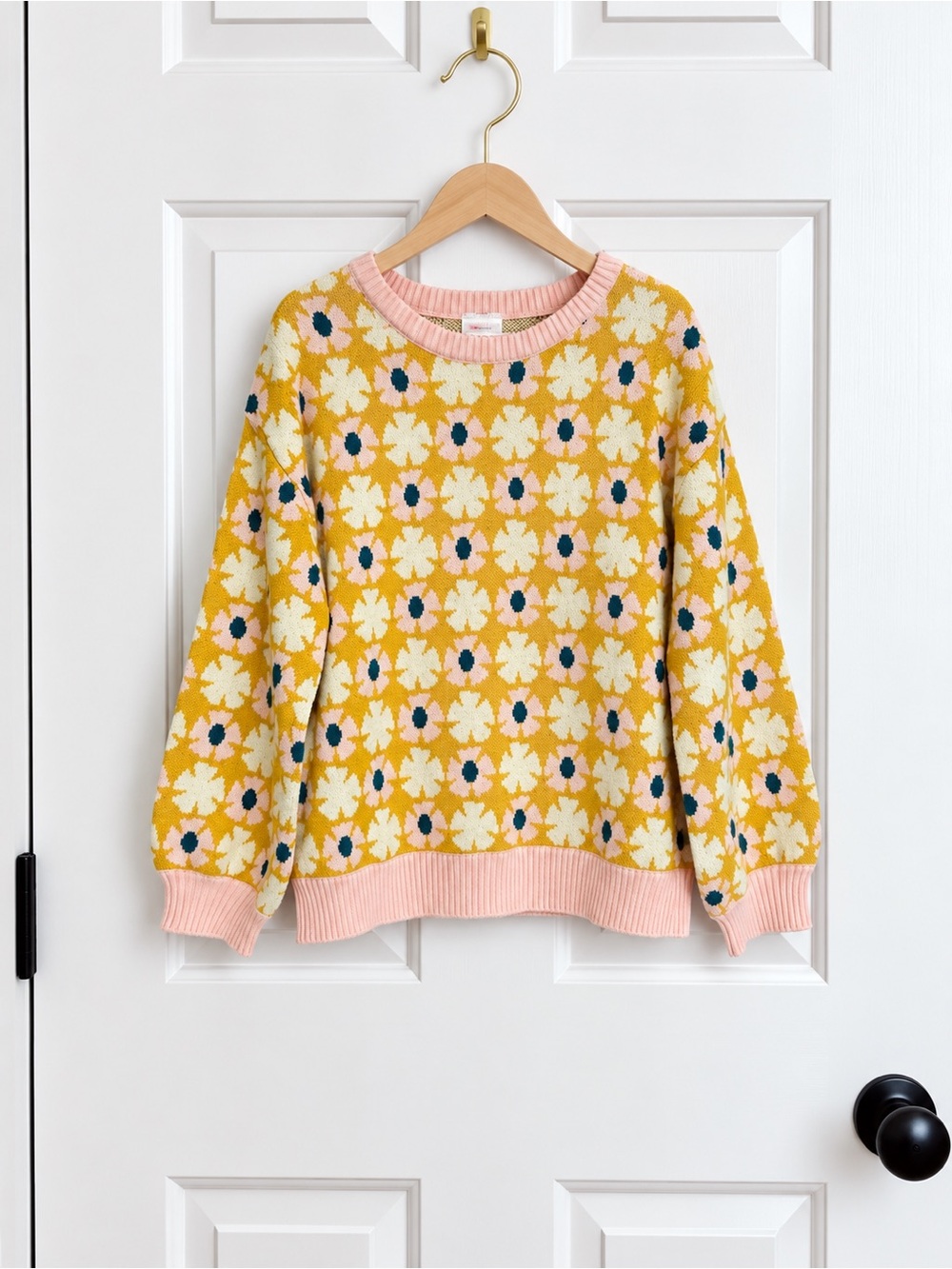 Hanna Andersson Girls 120 6-7 Mustard Daisy Floral Knit Sweater Pink